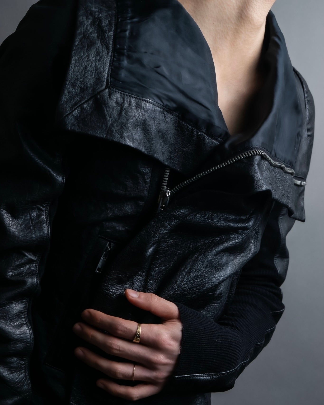 “Rick Owens” lamb leather classic biker jacket with high funnel