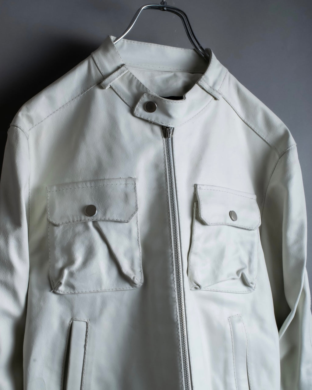 Double zip white leather single riders jacket