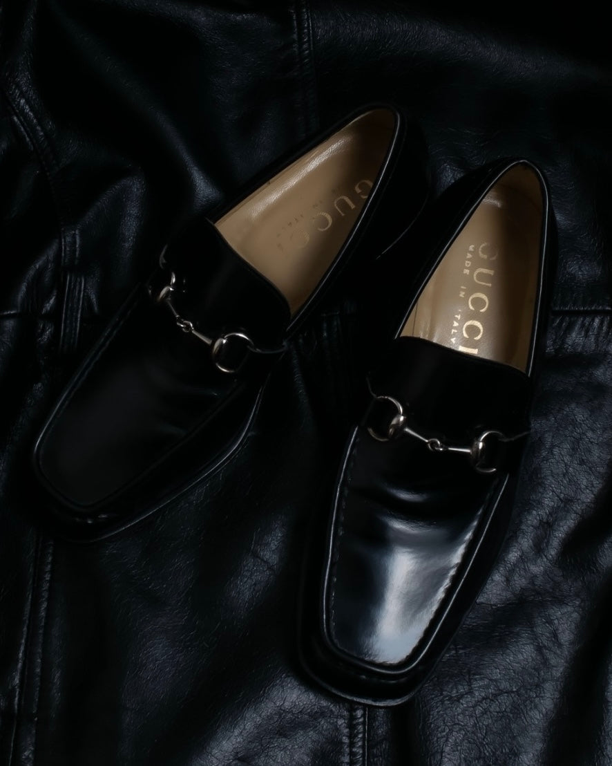 “GUCCI” square toe silver horsebit loafer