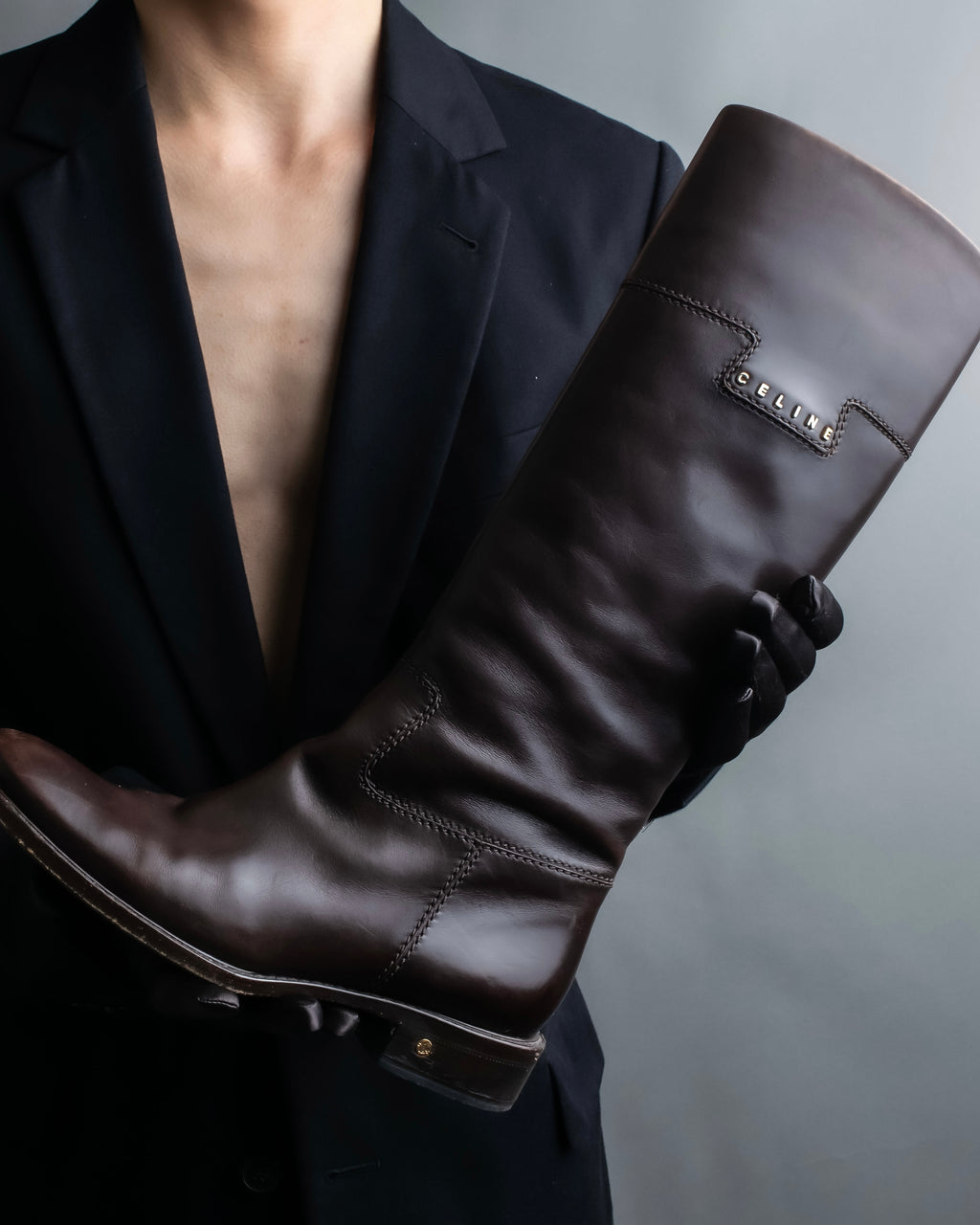“CELINE” round toe dark brown leather long boots