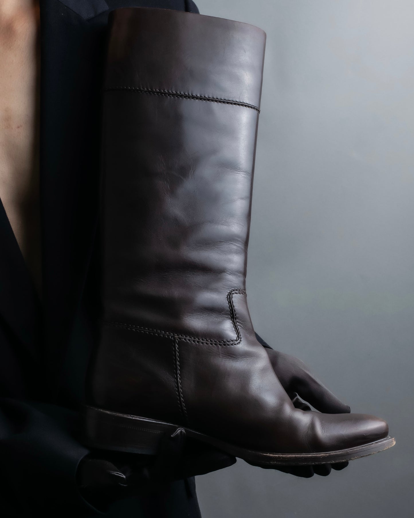 “CELINE” round toe dark brown leather long boots