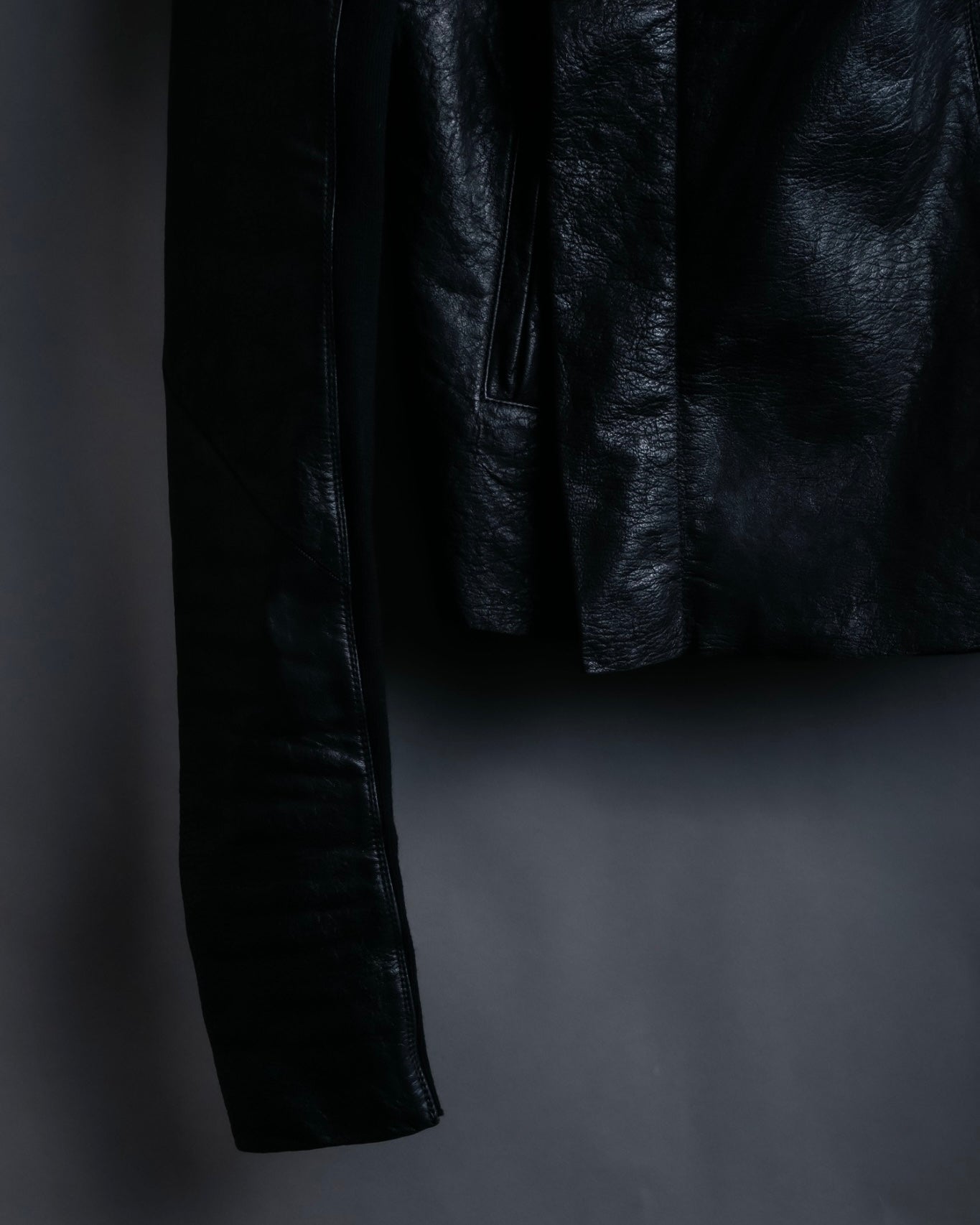 “Rick Owens” lamb leather classic biker jacket with high funnel