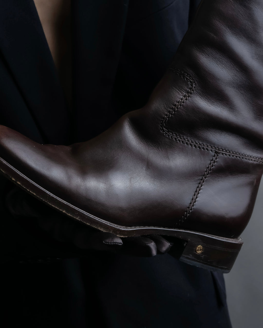 “CELINE” round toe dark brown leather long boots