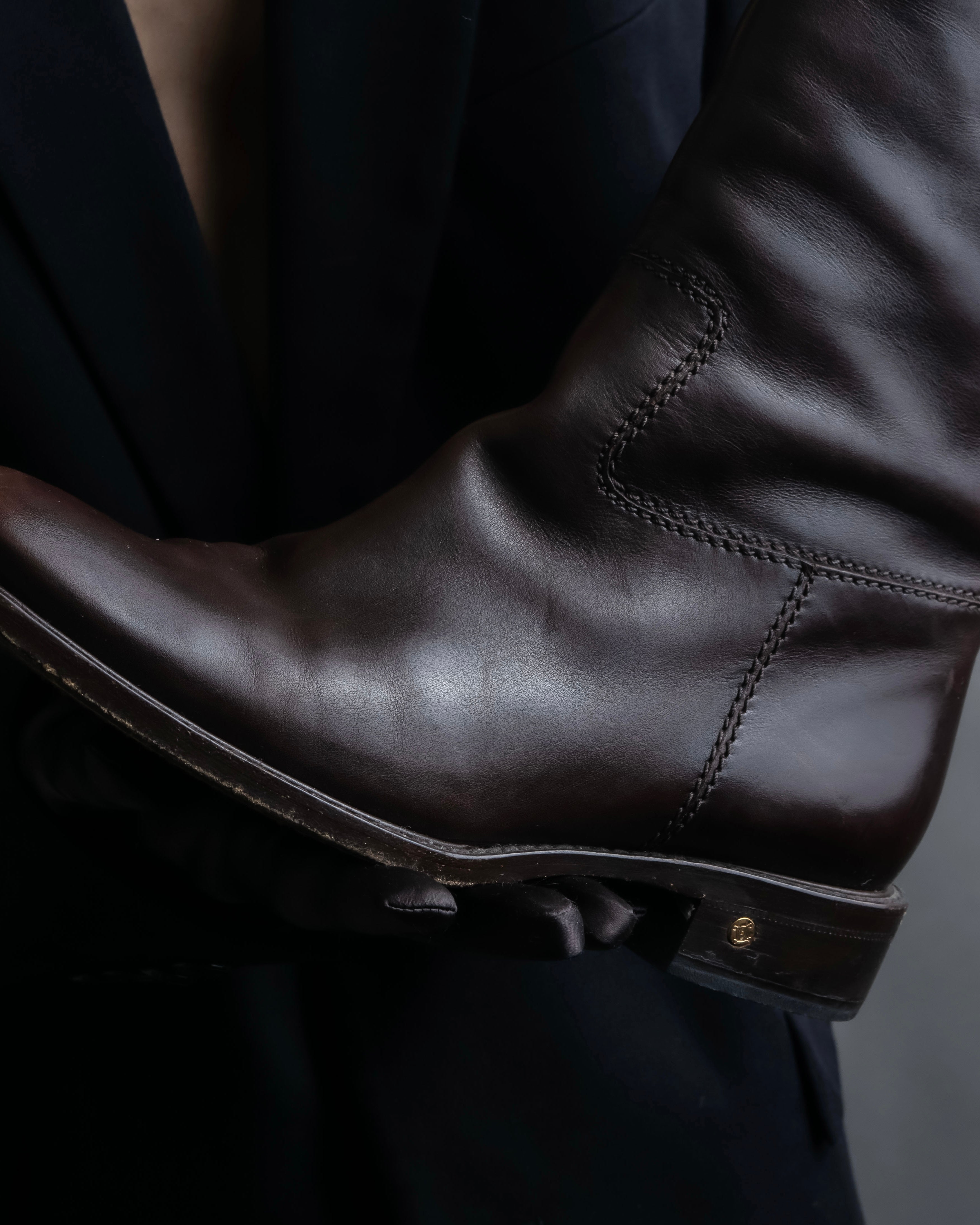 “CELINE” round toe dark brown leather long boots