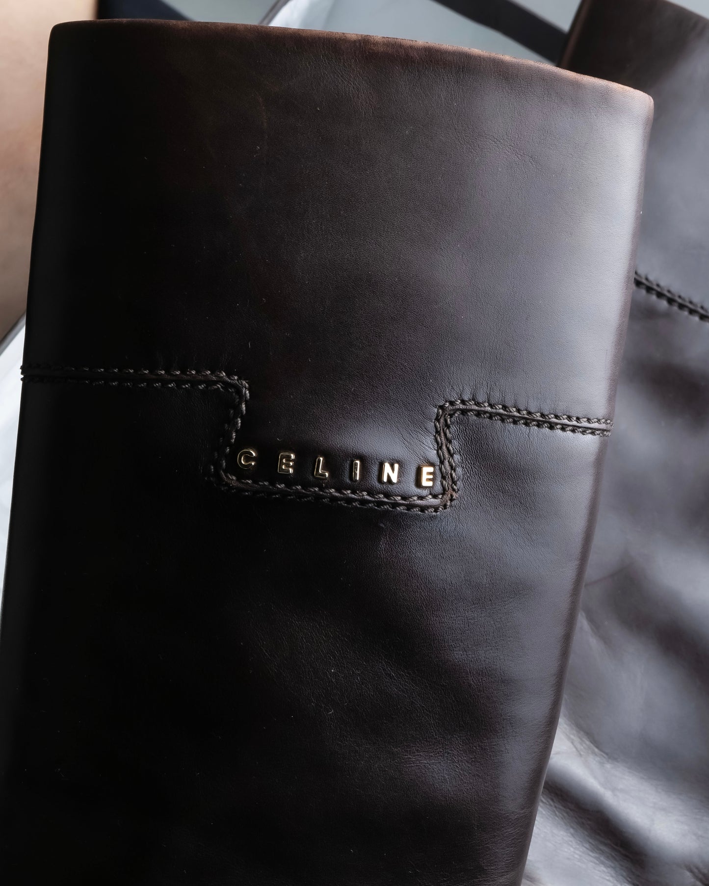 “CELINE” round toe dark brown leather long boots