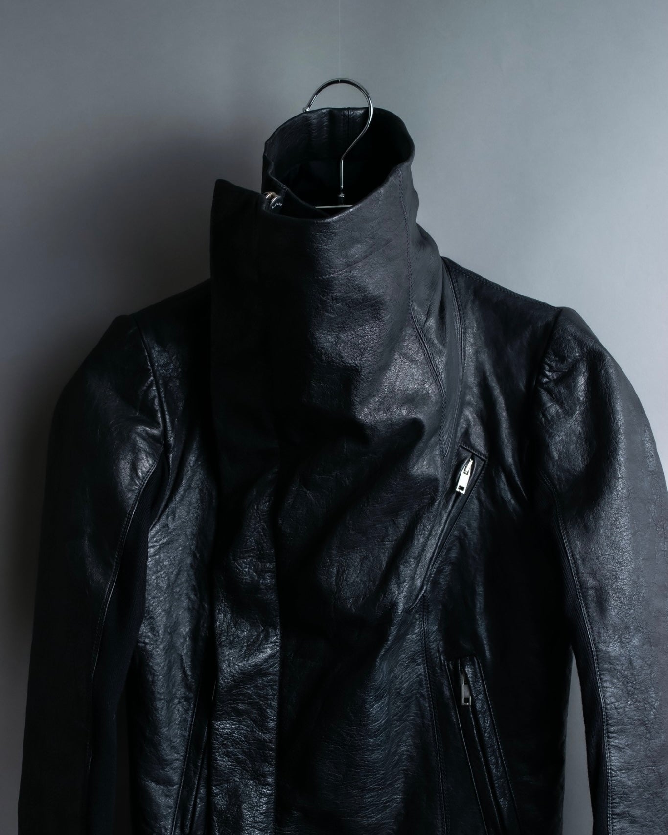 “Rick Owens” lamb leather classic biker jacket with high funnel