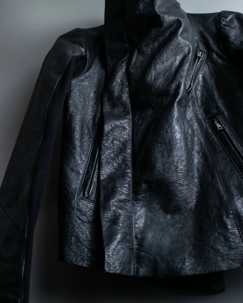 “Rick Owens” lamb leather classic biker jacket with high funnel