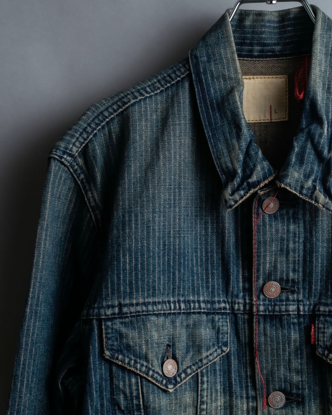 "Levi's Redloop" Aging process pencil stripe denim jacket