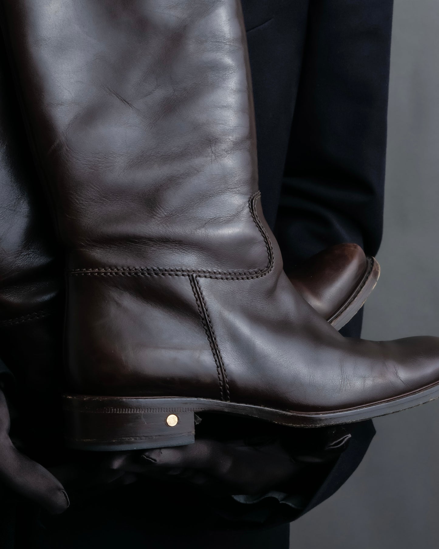 “CELINE” round toe dark brown leather long boots