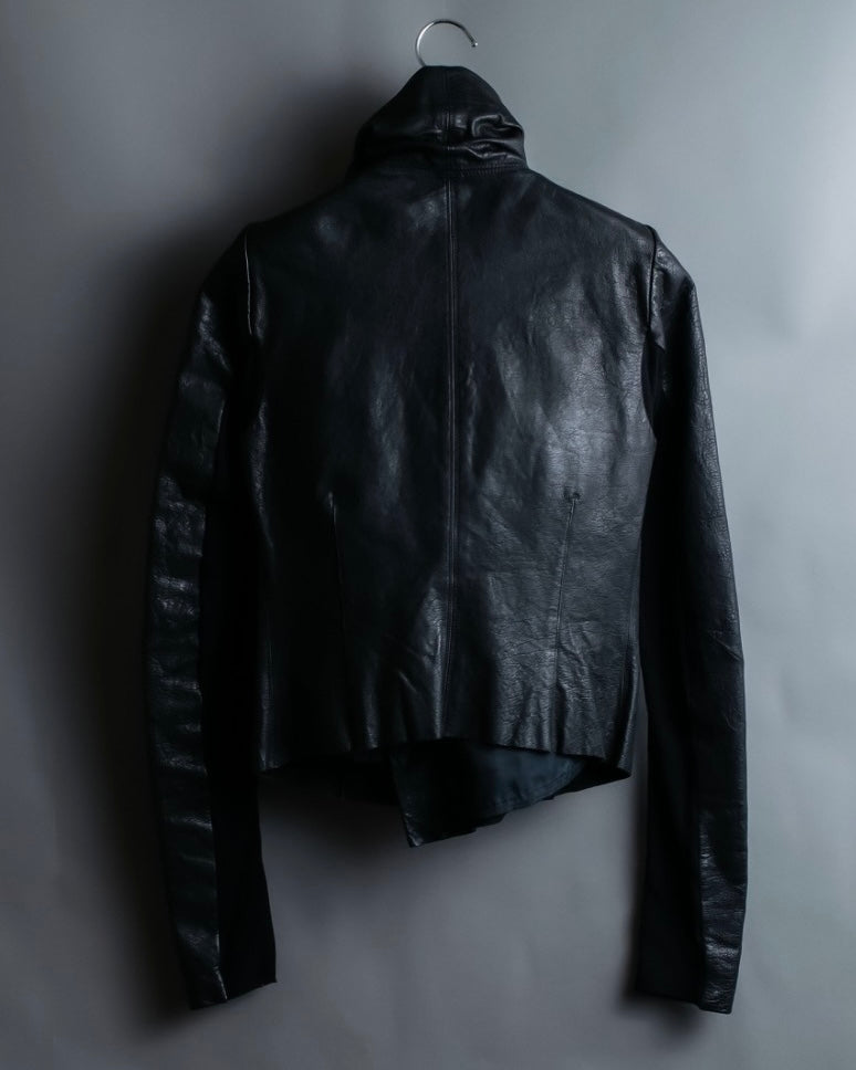 “Rick Owens” lamb leather classic biker jacket with high funnel