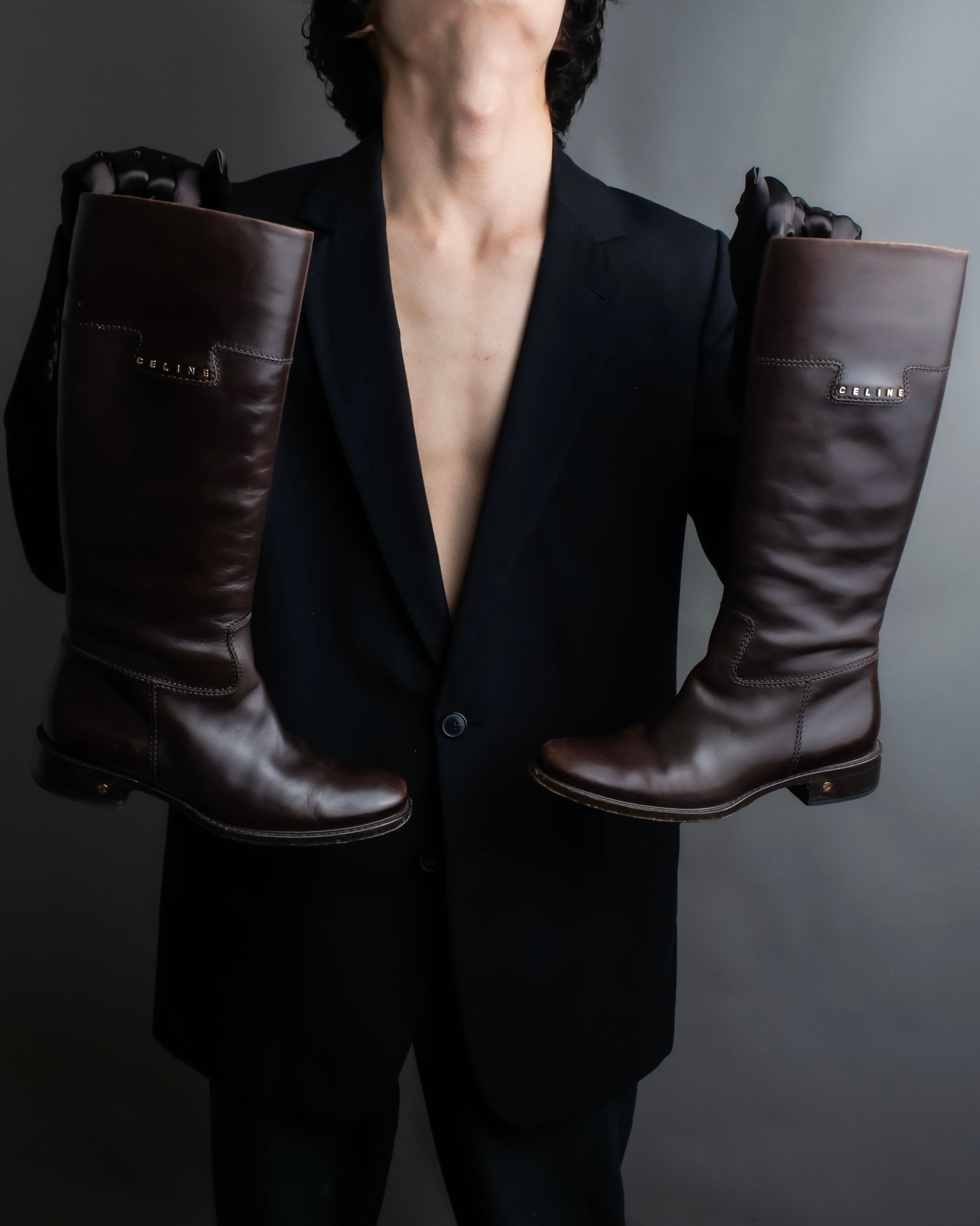 “CELINE” round toe dark brown leather long boots