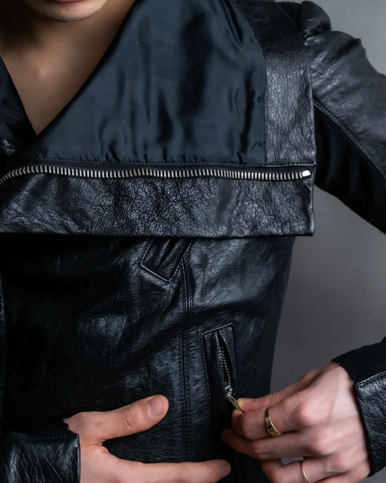 “Rick Owens” lamb leather classic biker jacket with high funnel