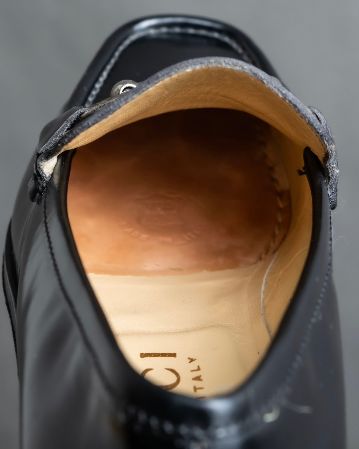 “GUCCI” square toe silver horsebit loafer