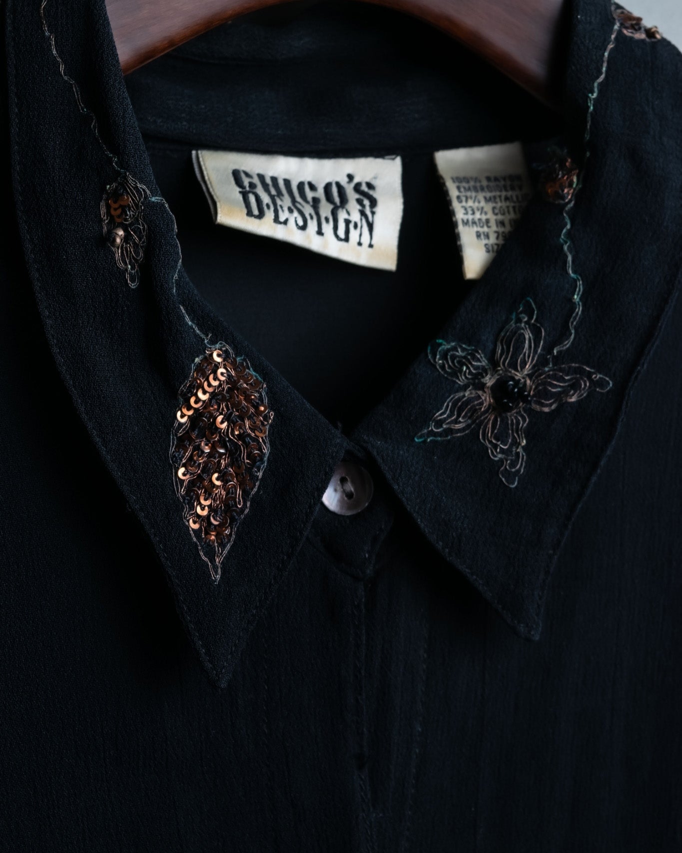 Beaded Embroidered Petals Black Sheer Shirt
