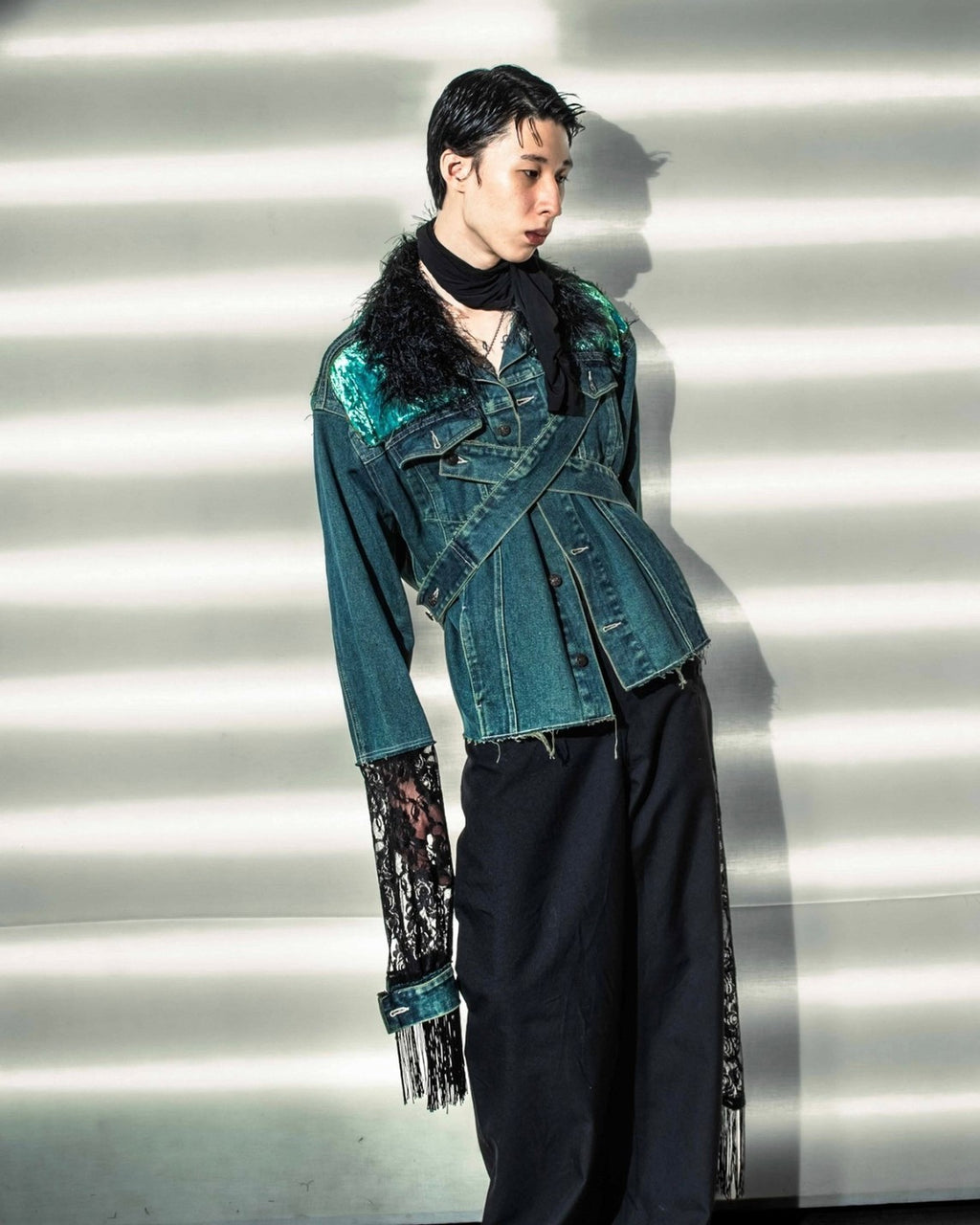 Velor and Sheer Switching Denim Jacket(with Inner Swheer Vest)