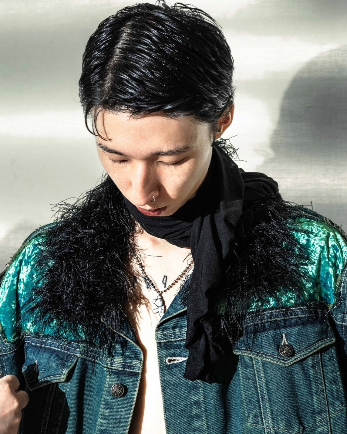 Velor and Sheer Switching Denim Jacket(with Inner Swheer Vest)