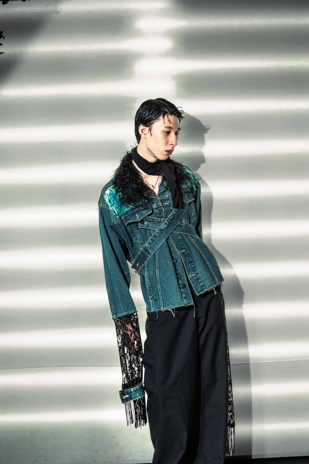 Velor and Sheer Switching Denim Jacket(with Inner Swheer Vest)