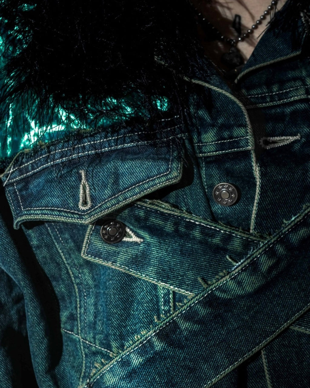 Velor and Sheer Switching Denim Jacket(with Inner Swheer Vest)