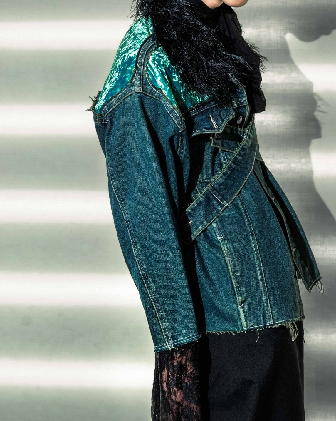 Velor and Sheer Switching Denim Jacket(with Inner Swheer Vest)