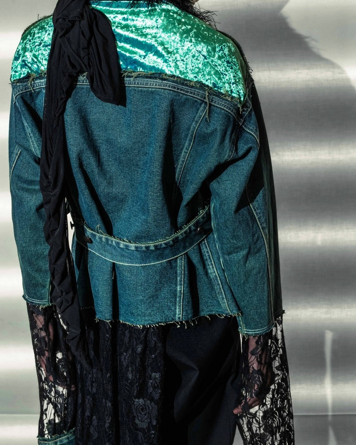 Velor and Sheer Switching Denim Jacket(with Inner Swheer Vest)