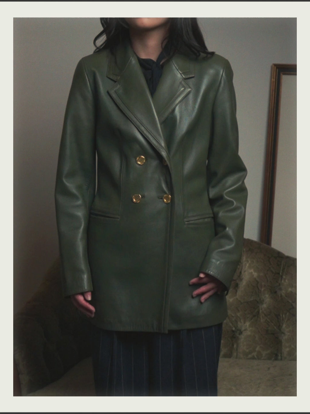 -SPECIAL- “LOEWE” 80’s-90’s Gold buttoned olive leather double-breasted tailored jacket