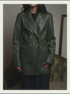 -SPECIAL- “LOEWE” 80’s-90’s Gold buttoned olive leather double-breasted tailored jacket