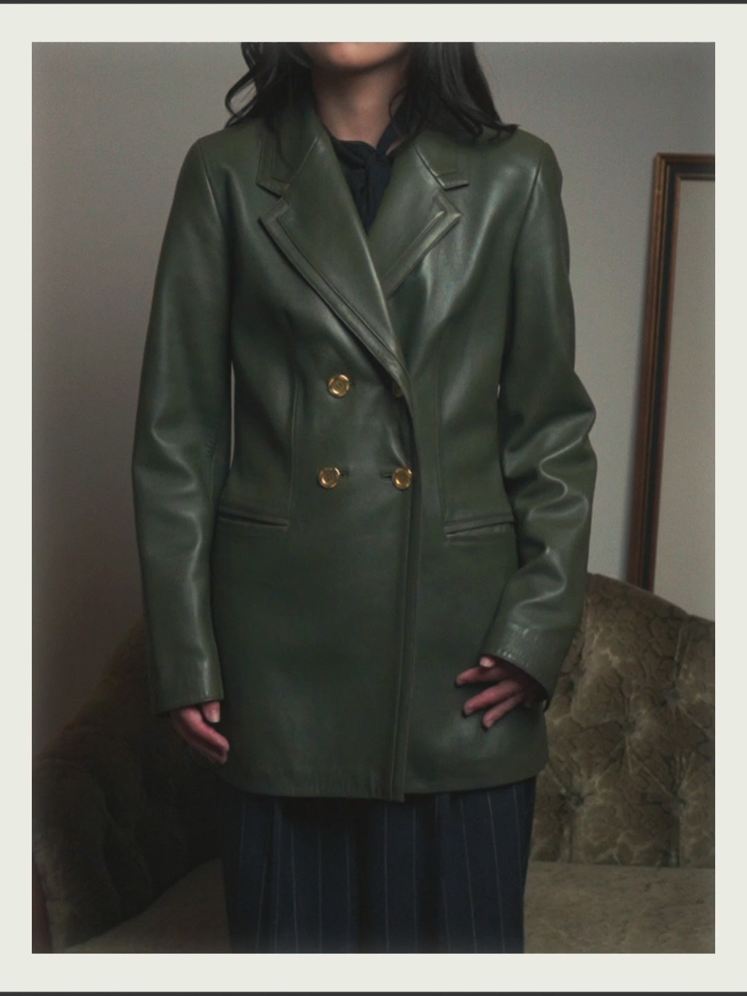 -SPECIAL- “LOEWE” 80’s-90’s Gold buttoned olive leather double-breasted tailored jacket