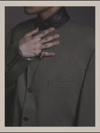 -SPECIAL- "Hermès" 80's-00's Leather collar tailored blazer