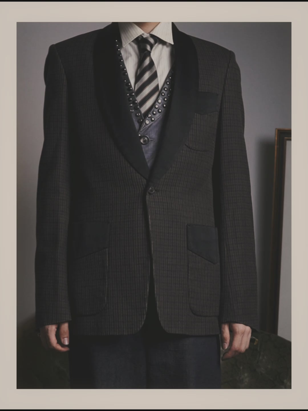 -SPECIAL- "Maison Martin Margiela" 00's Check shawl collar smoking jacket with satin contrast