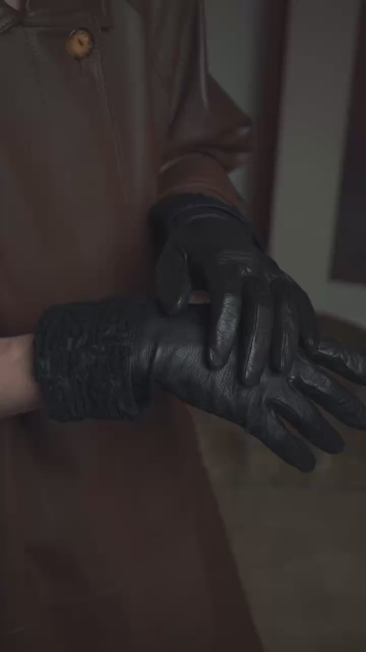 Guantes combinados de cuero Astrakhan de los años 90 "HERMÉS" - ESPECIAL -