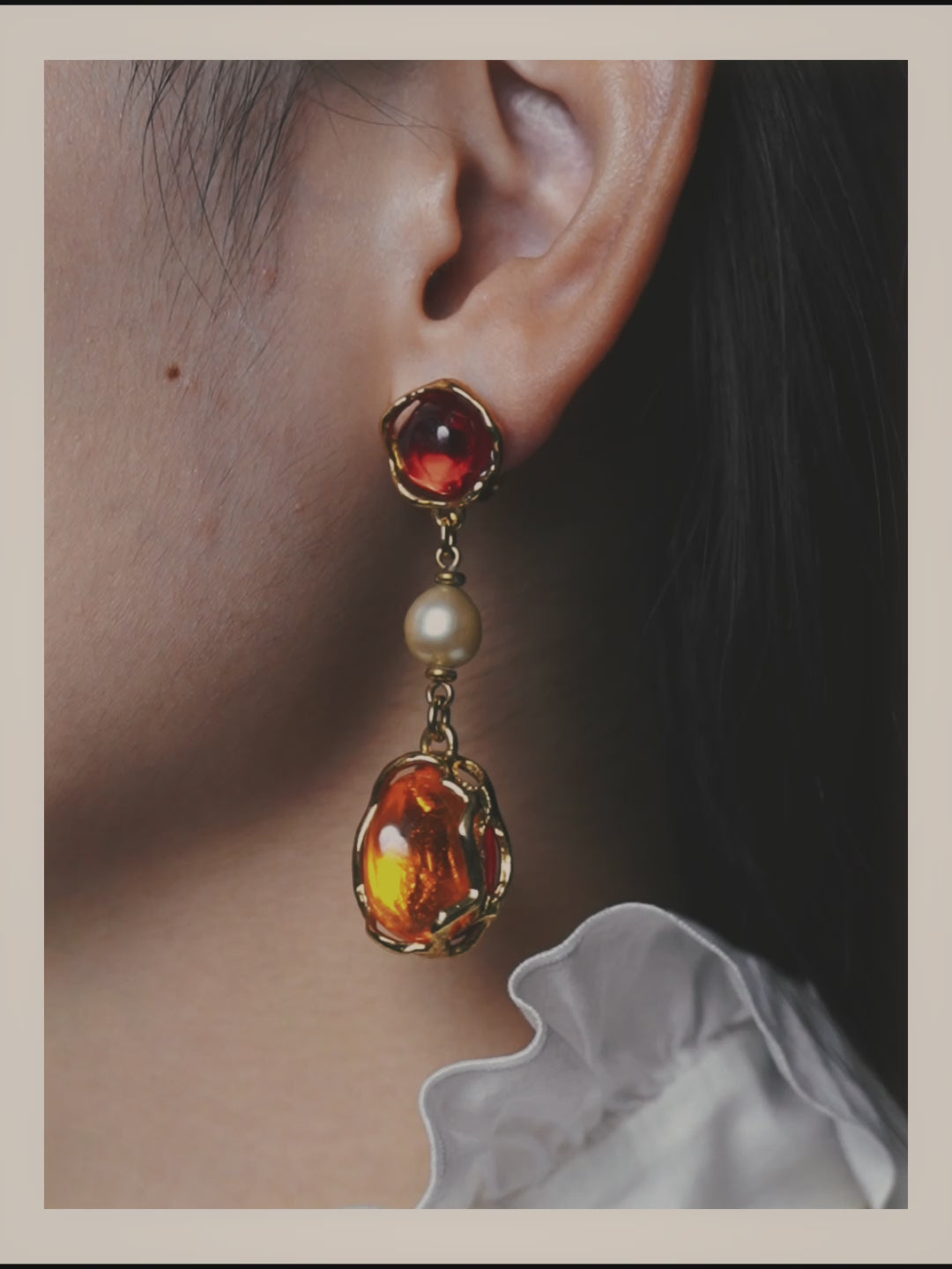 -SPECIAL- "Yves Saint Laurent" 80's-90's Vintage architectural poured glass and pearl drop earrings