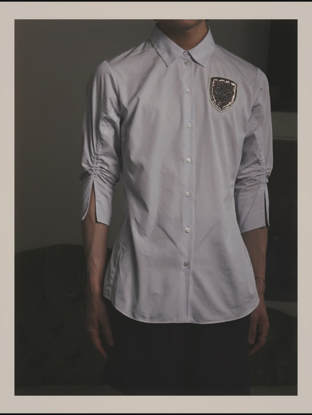 -SPECIAL- "Christian Dior" 00's-10's Embellished shield crest striped ruched sleeve shirt