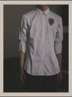 -SPECIAL- "Christian Dior" 00's-10's Embellished shield crest striped ruched sleeve shirt