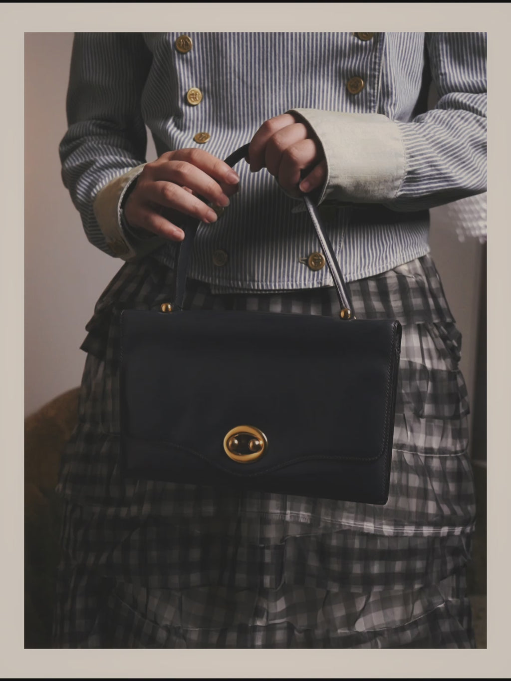 -SPECIAL- “HERMÈS” 50’s-60’s sculptural oval clasp midnight navy leather handbag