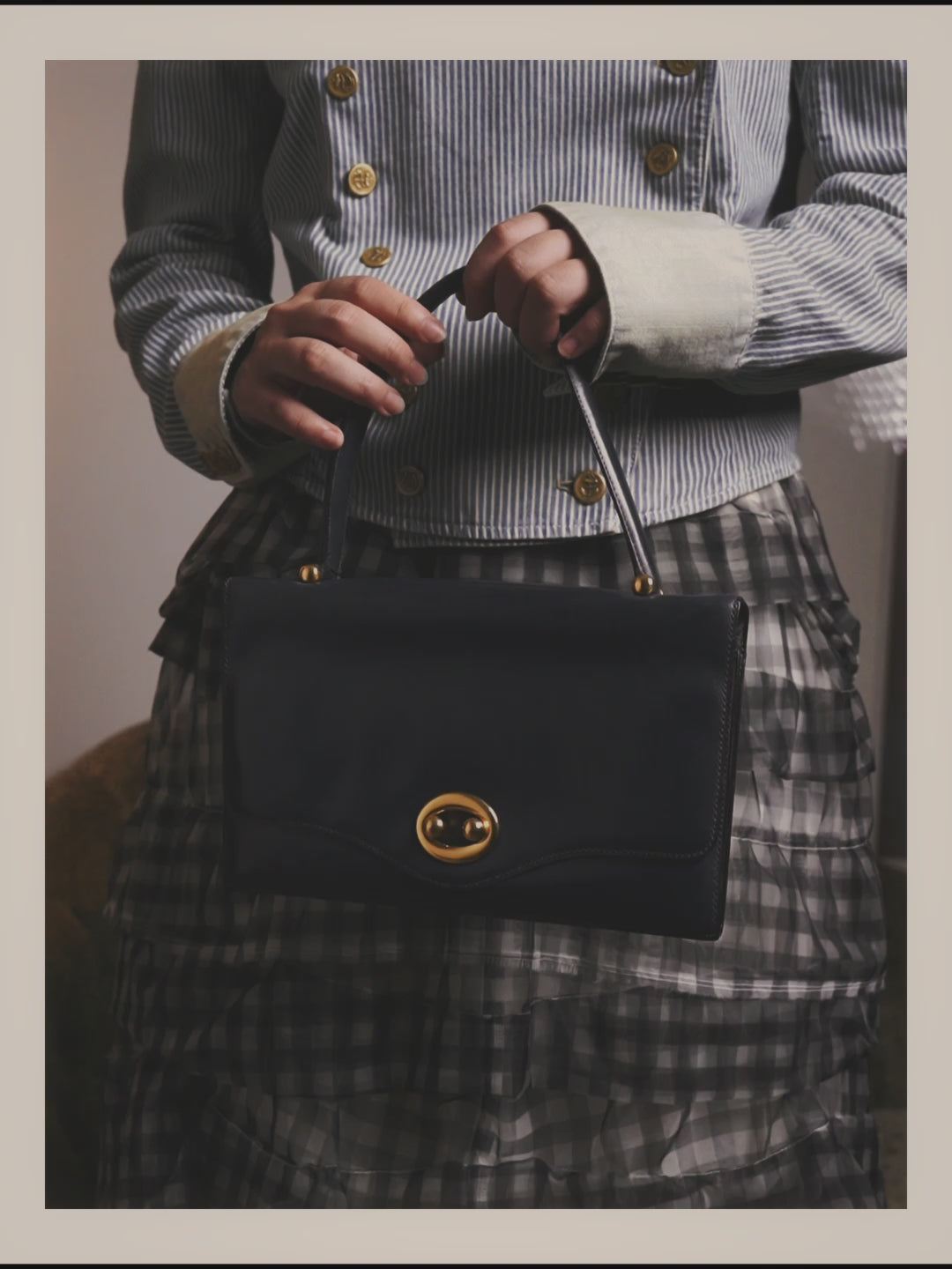 -SPECIAL- “HERMÈS” 50’s-60’s sculptural oval clasp midnight navy leather handbag