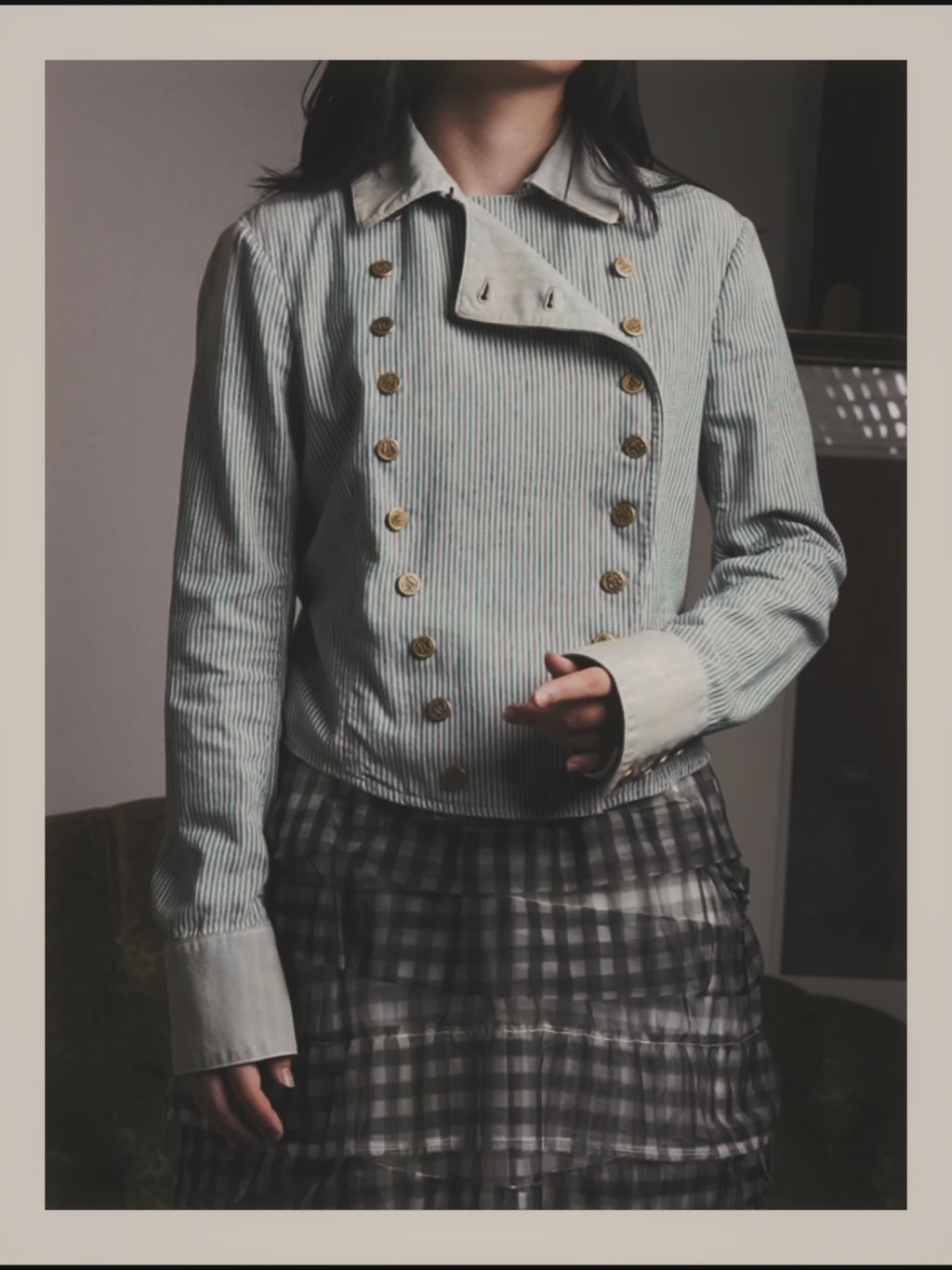 -SPECIAL- "Ralph Lauren" 00's Hickory stripe cotton double-breasted marine jacket