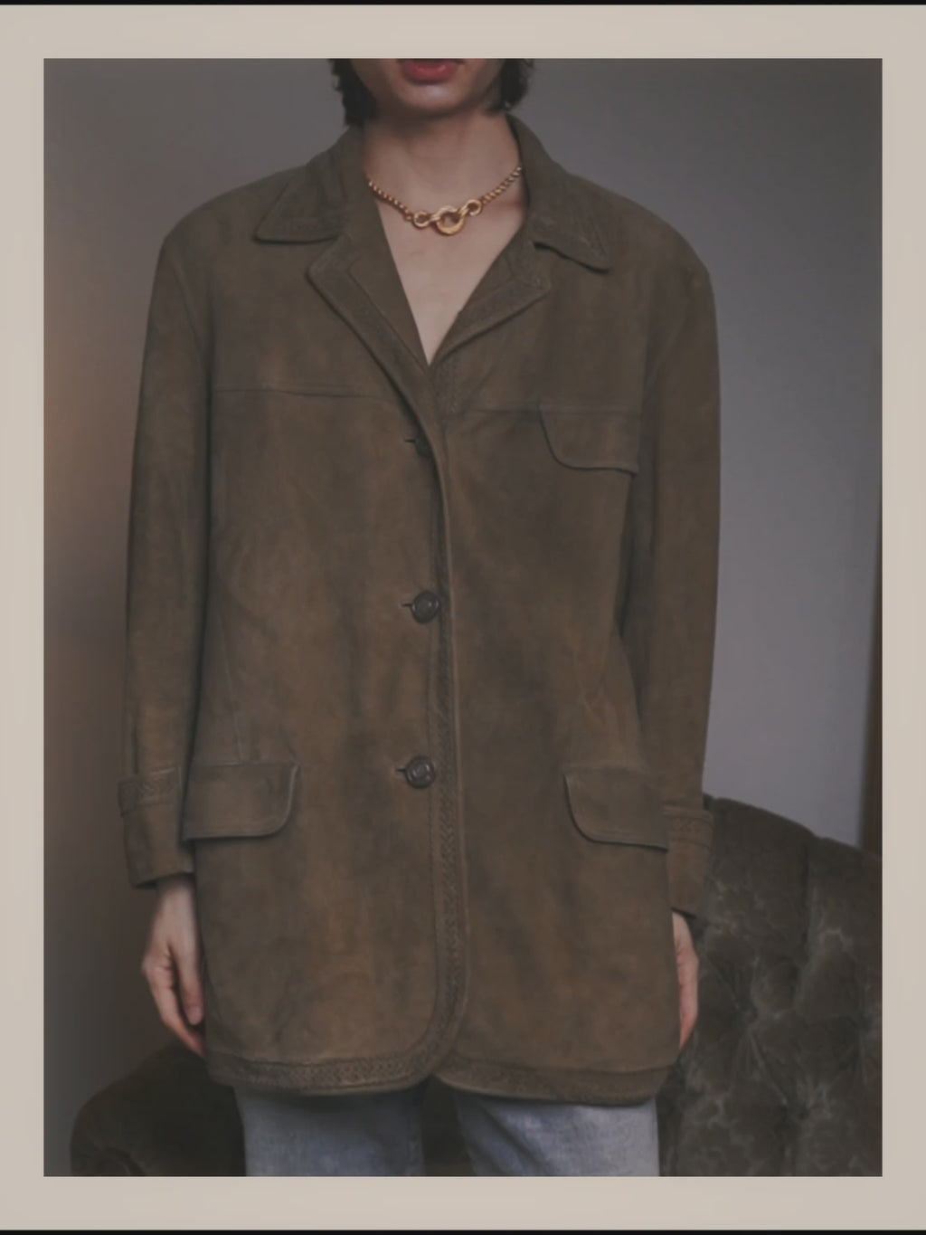 -SPECIAL- “LOEWE” 70’s-80’s Perforated trim suede long jacket