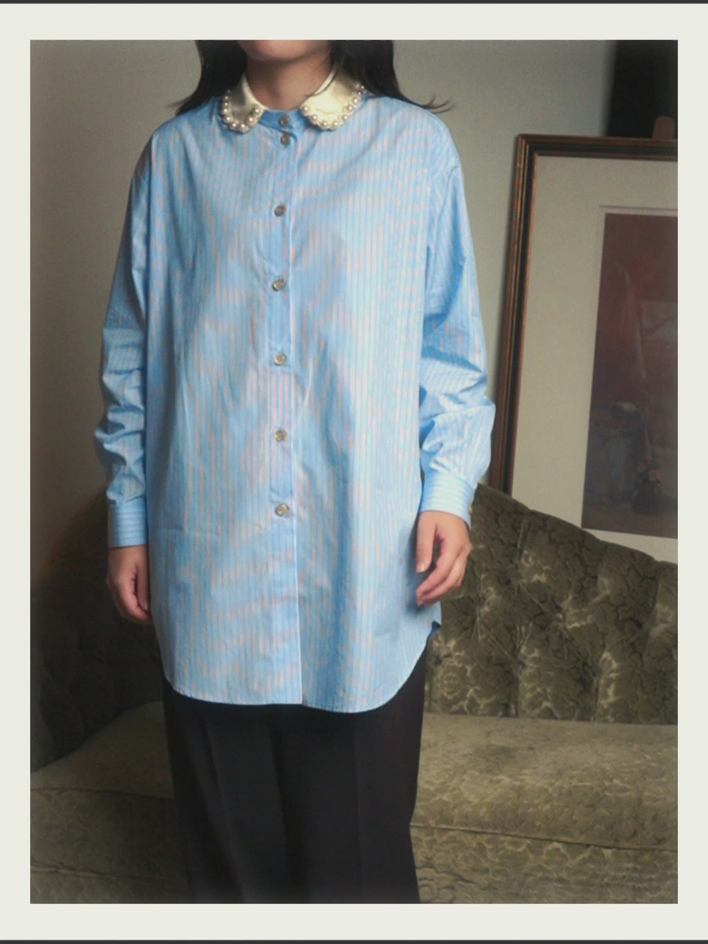-SPECIAL- "GUCCI" 2010's-20's Pearl embellished detachable collar striped long shirt