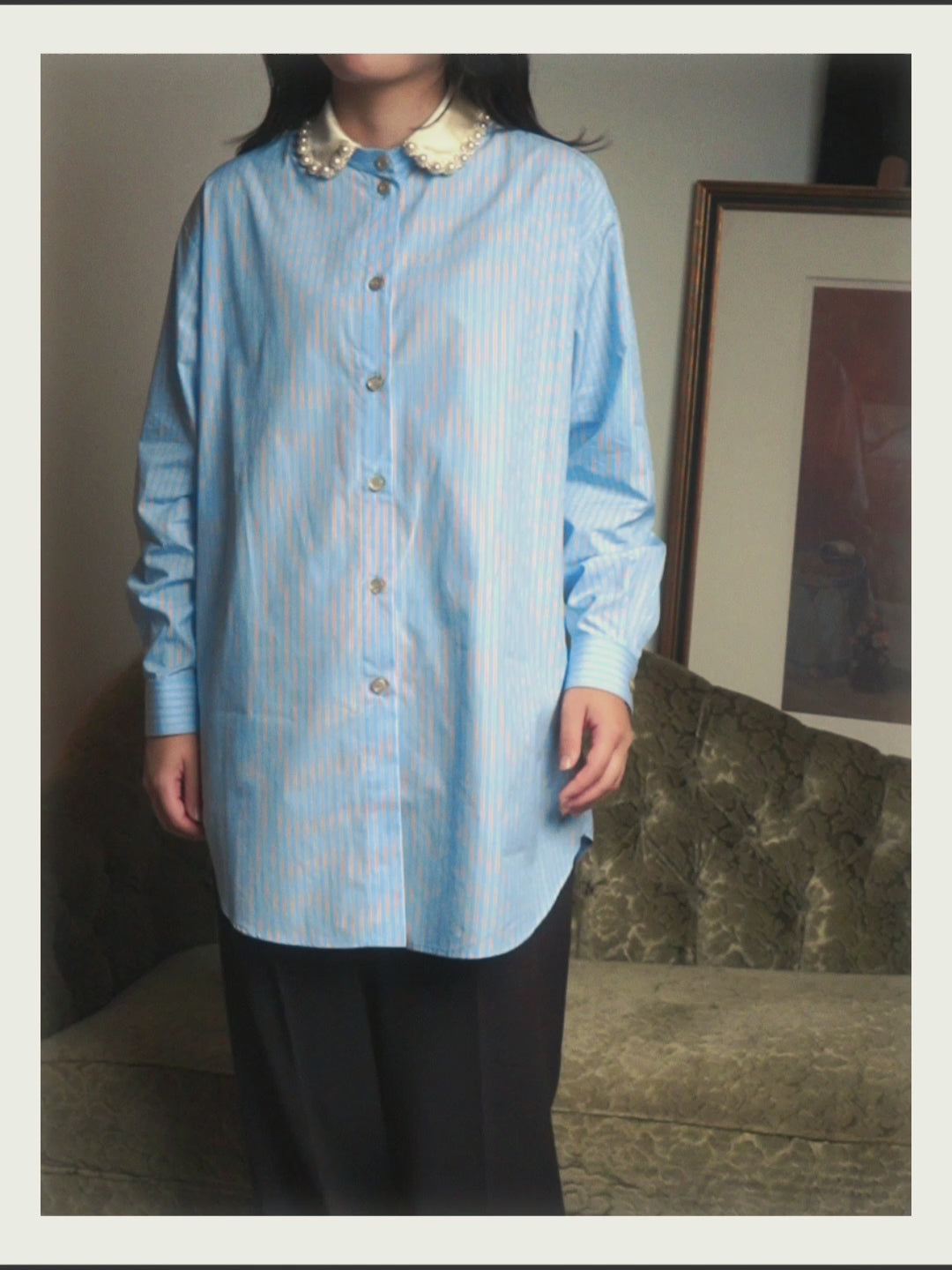 -SPECIAL- "GUCCI" 2010's-20's Pearl embellished detachable collar striped long shirt