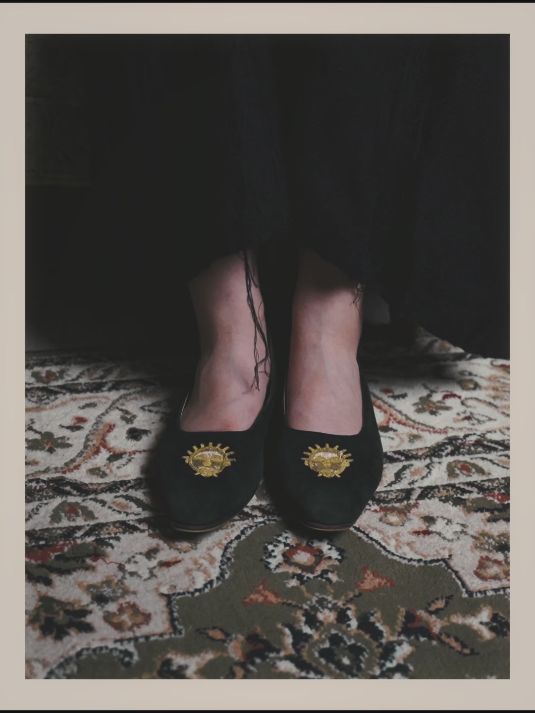 -SPECIAL- "Hermès" 80's-90's Gold embroidered suede loafers