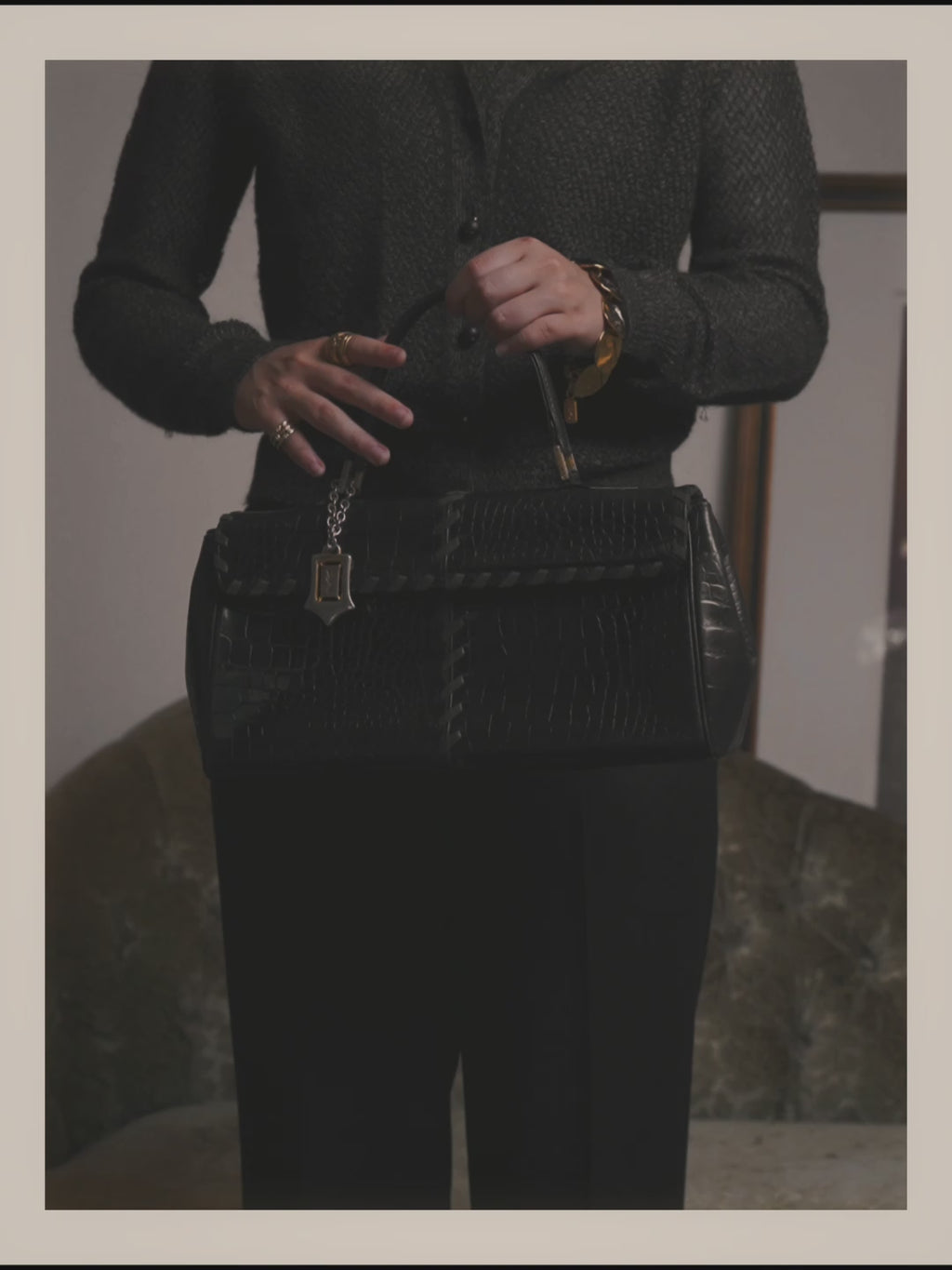 -SPECIAL- “Yves Saint Laurent” 80’s-90’s Crocodile embossed lace-up handbag