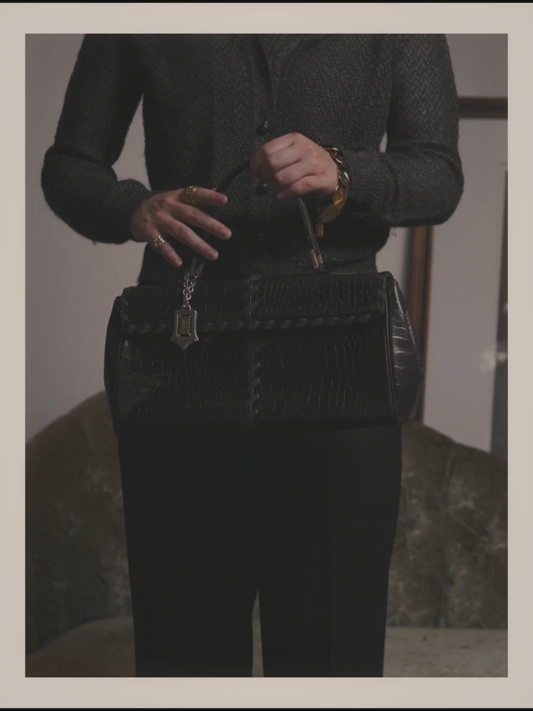 -SPECIAL- “Yves Saint Laurent” 80’s-90’s Crocodile embossed lace-up handbag