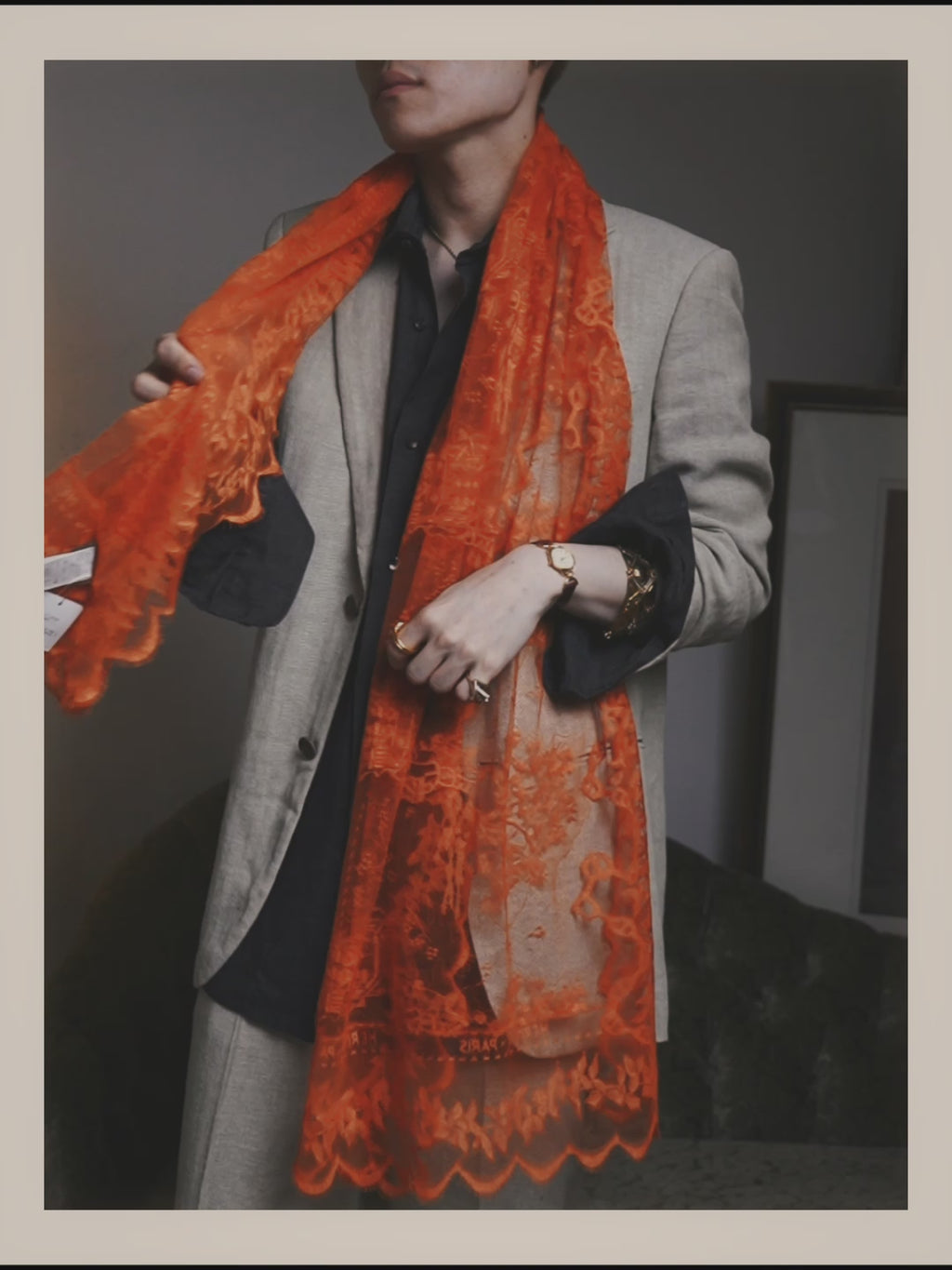 -SPECIAL- “HERMÈS” 2000’s-2010’s orange floral mesh lace stole