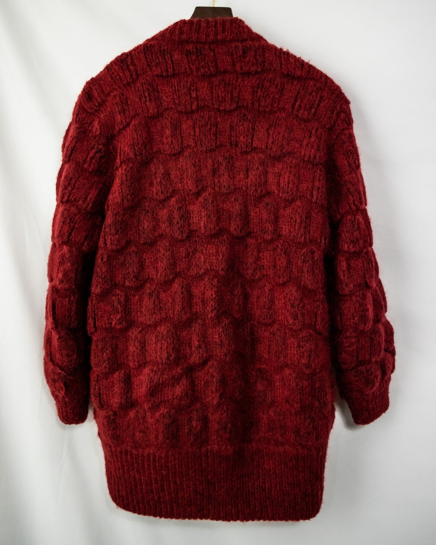 red knit fluffy cardigan