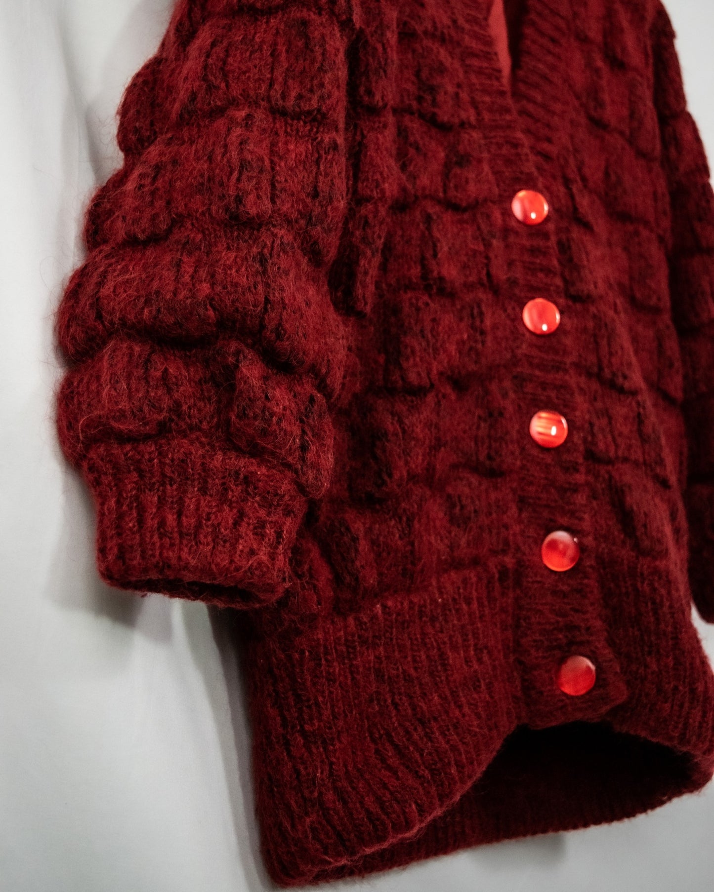red knit fluffy cardigan