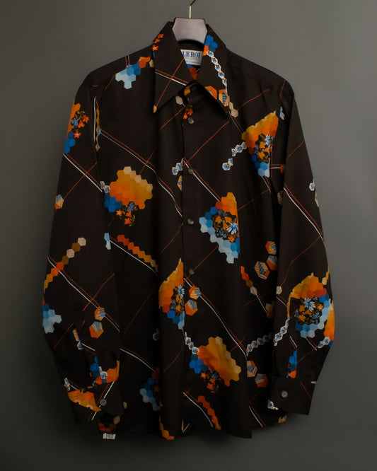 "70s" Geometric Pattern Brown Polyester Shirt