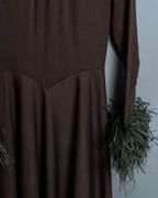 Vintage Beautiful Gathered Design Fur Sleeve Dress