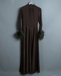 Vintage Beautiful Gathered Design Fur Sleeve Dress