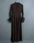 Vintage Beautiful Gathered Design Fur Sleeve Dress